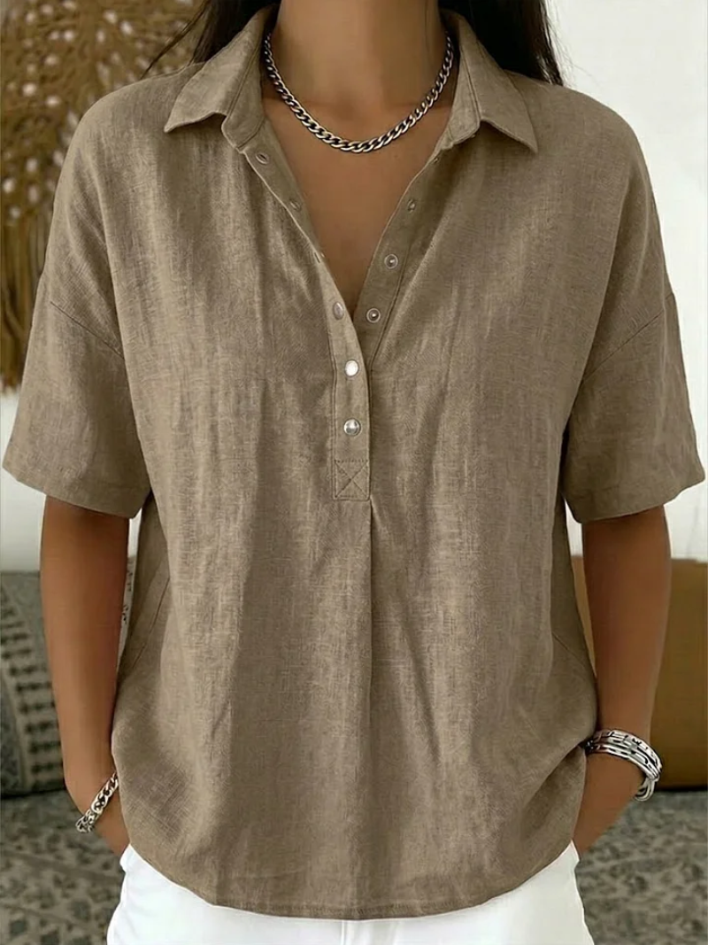 Anzhela - Elegant Short Sleeve Blouse With Button