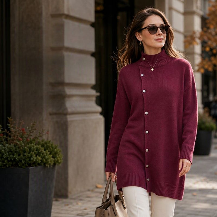Hiroko - Longline Knit Sweater With Turtleneck and Buttons