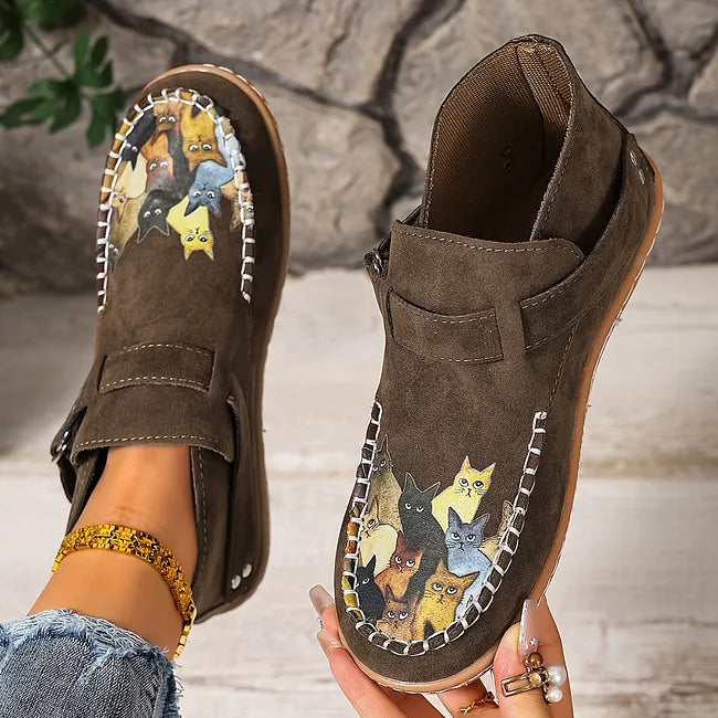 Viktoriy - Cat Print Flat Ankle Boots with Buckle