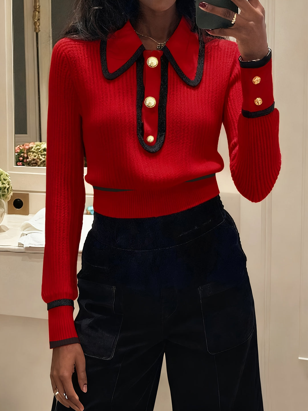 Dilnaz - Long Sleeve Contrast Trim Button Sweater