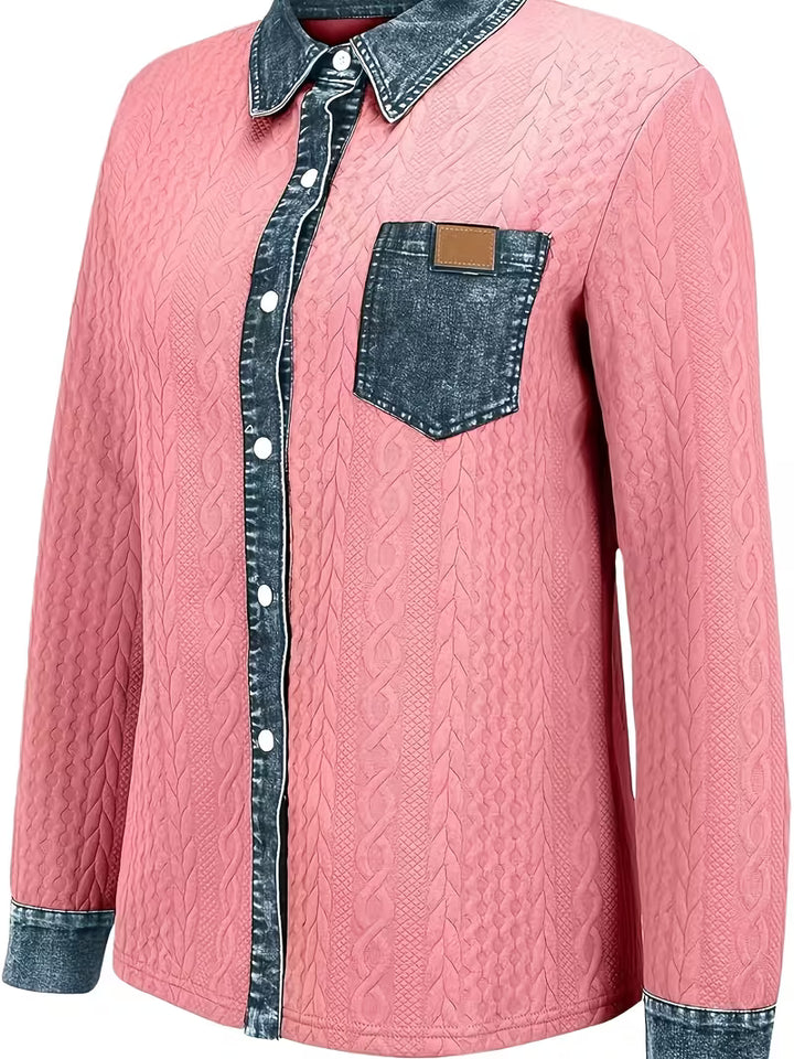 Eryna - Long Sleeve Cable Knit Shirt with Denim Collar