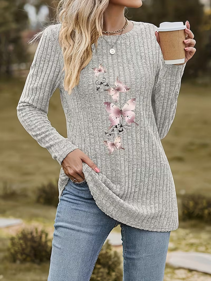 Zabina - Butterfly Print Ribbed Top