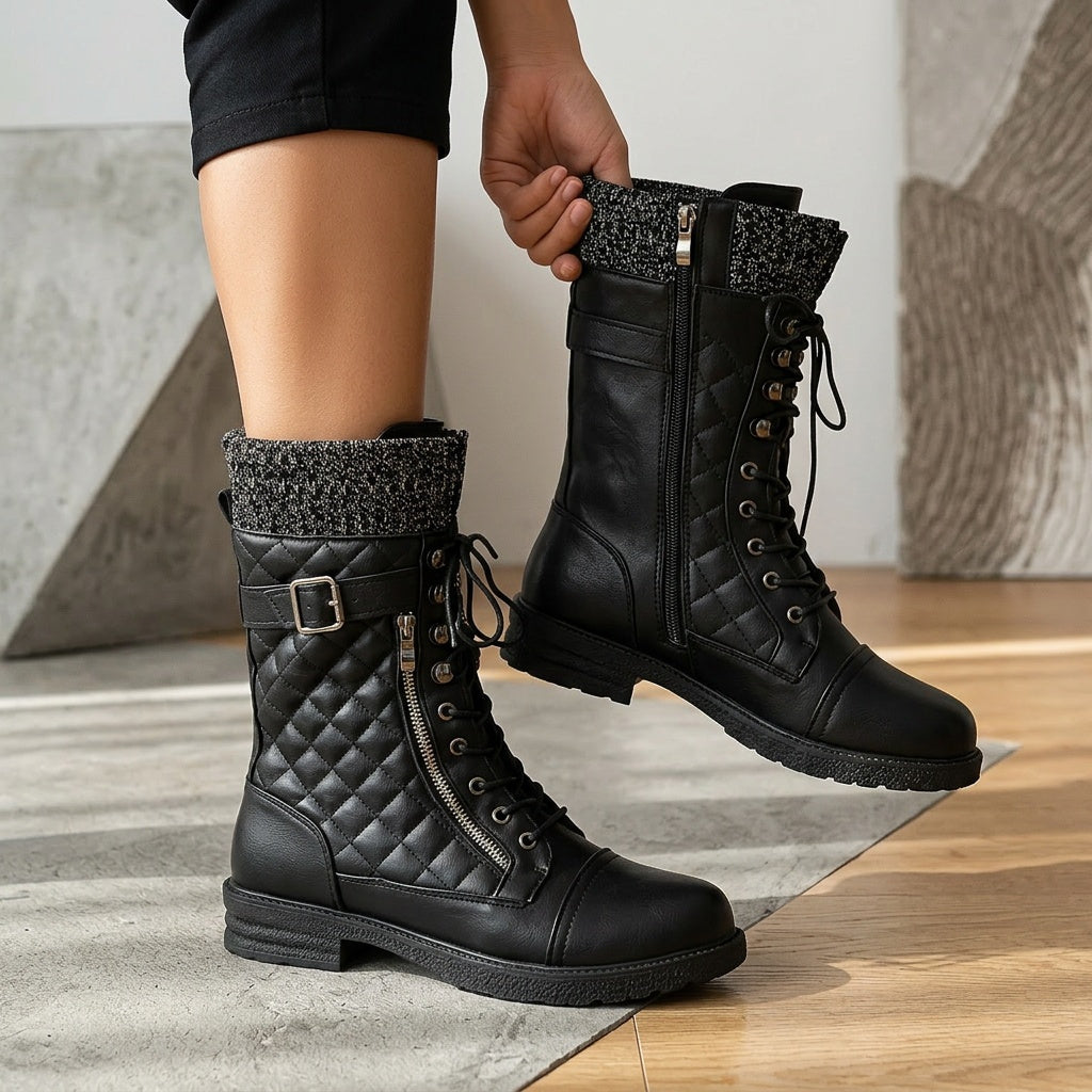 Sigrun - Quilted Lace-Up Boots With Knitted Cuffs
