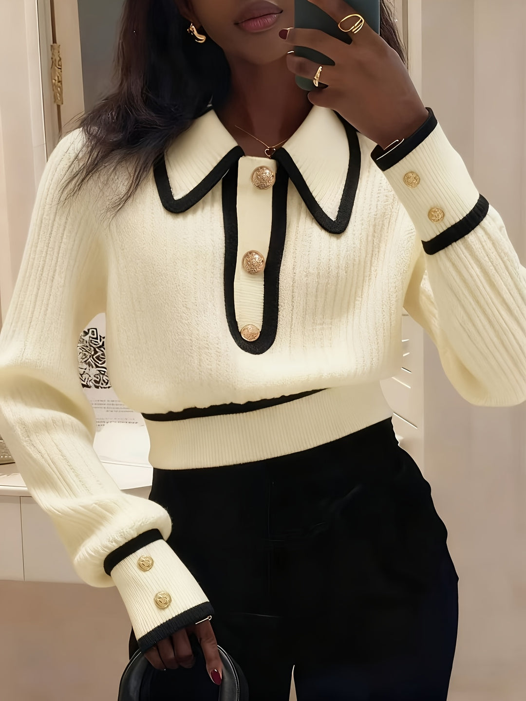 Dilnaz - Long Sleeve Contrast Trim Button Sweater