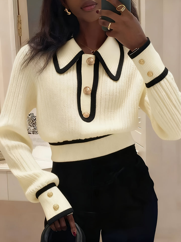 Dilnaz - Long Sleeve Contrast Trim Button Sweater