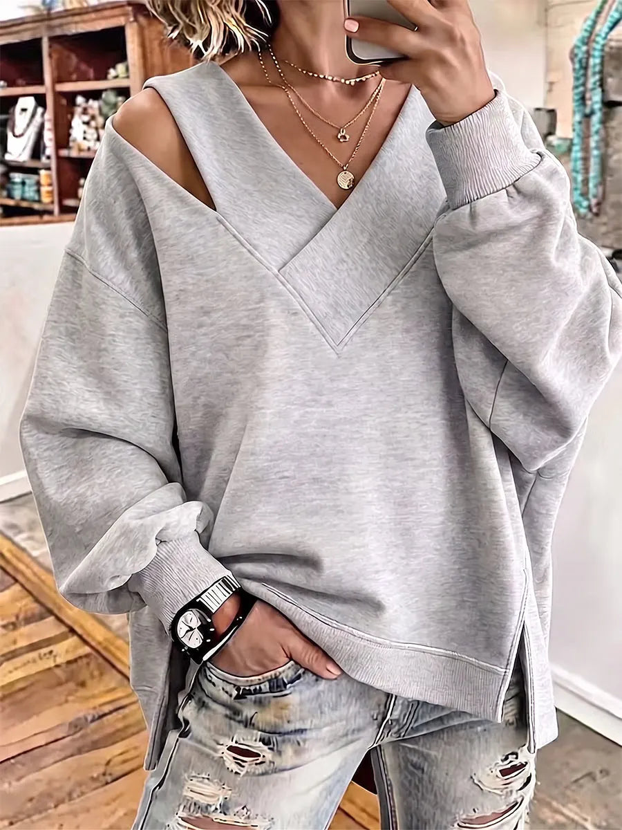 Kirstan - Chic Cutout V-Neck Oversized Sweatshirt