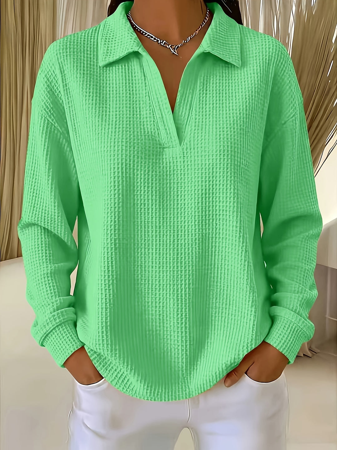 Nastya - Elegant Waffle Polo Collar Shirt