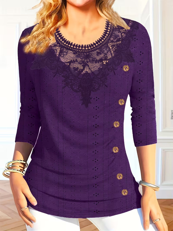 Leyana - Contrast Lace Button Decor Top