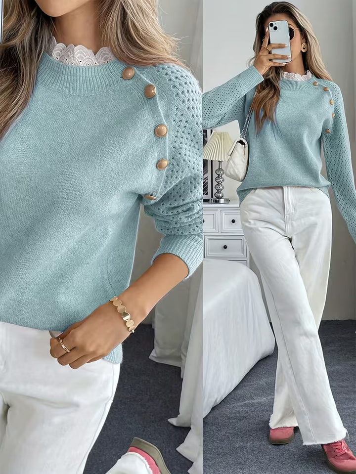 Oliwiaa - Lace Round Neck Long Slevee Sweater