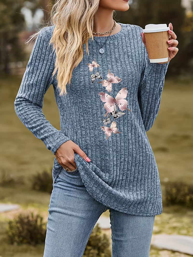 Zabina - Butterfly Print Ribbed Top