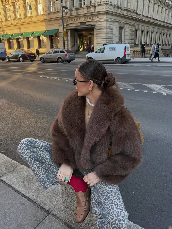 Jorida - Faux Fur Oversized Cropped Lapel Jacket