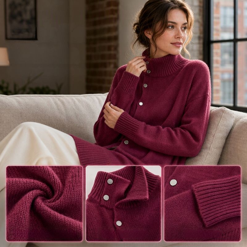 Hiroko - Longline Knit Sweater With Turtleneck and Buttons