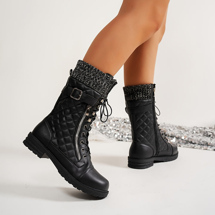 Sigrun - Quilted Lace-Up Boots With Knitted Cuffs
