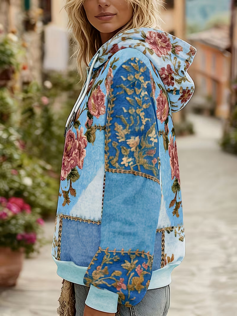 Norella - Floral Patchwork Long Sleeve Hooded Top
