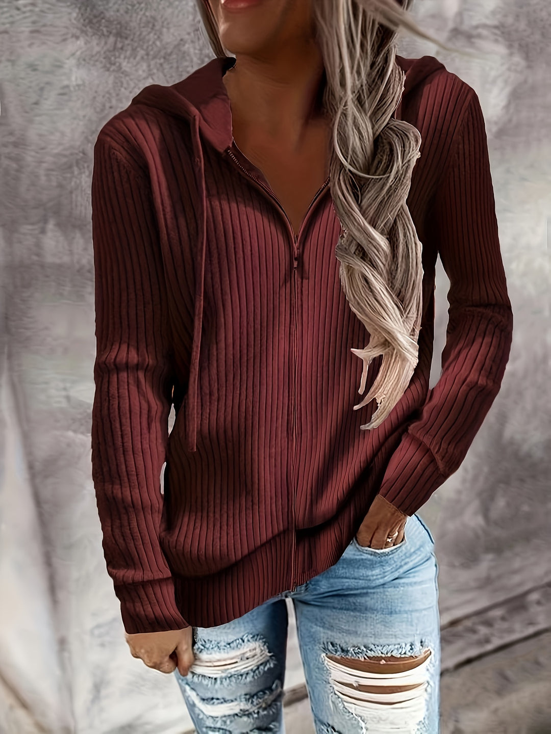 Bibigul - Loose Fit Long Sleeve Ribbed Hooded Cardigan