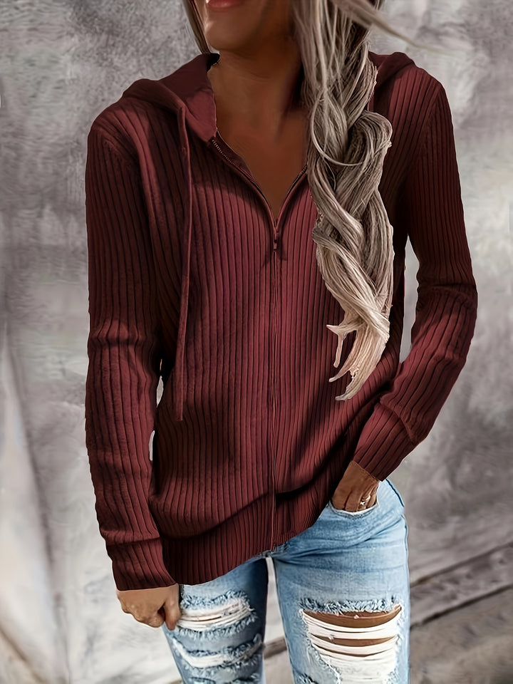 Bibigul - Loose Fit Long Sleeve Ribbed Hooded Cardigan