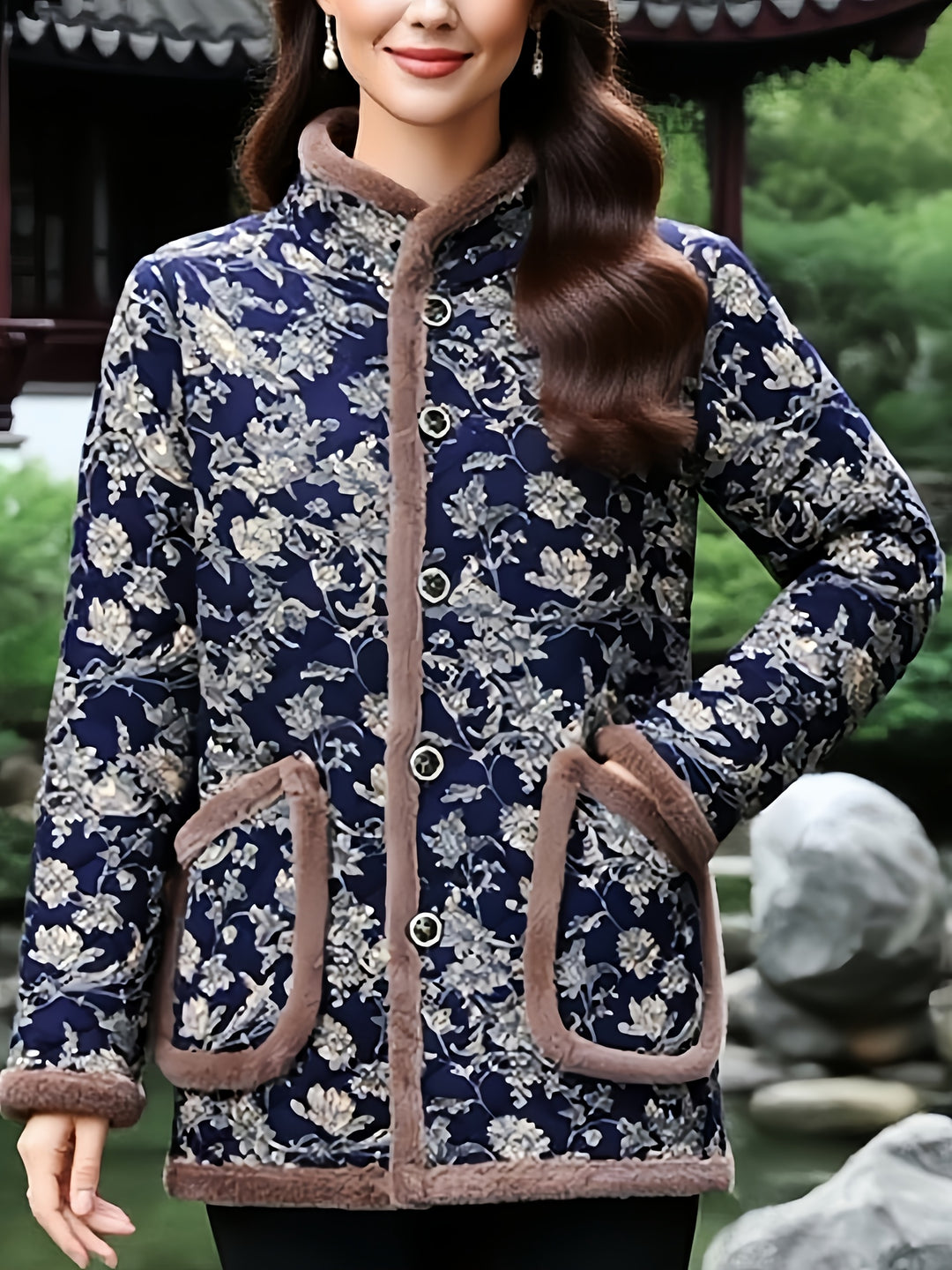 Mayte - Floral Winter Jacket With Button