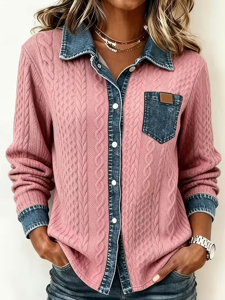 Eryna - Long Sleeve Cable Knit Shirt with Denim Collar