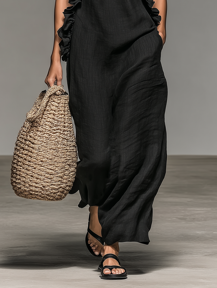 Fiora - Sleeveless Ruffle Halter Neck Long Dress With Pockets
