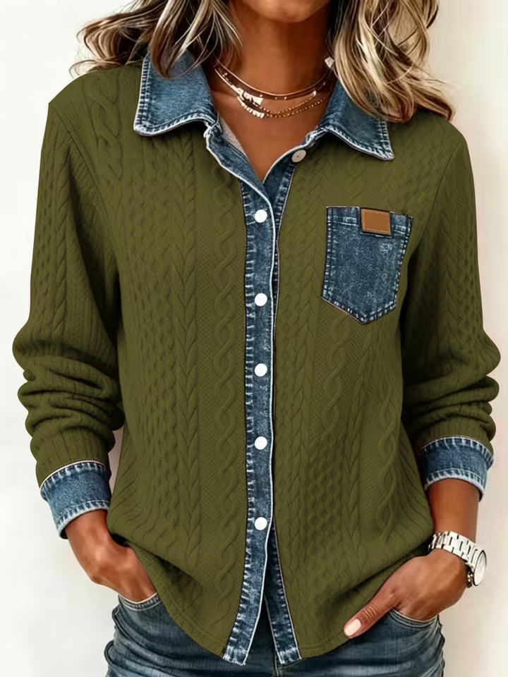 Eryna - Long Sleeve Cable Knit Shirt with Denim Collar