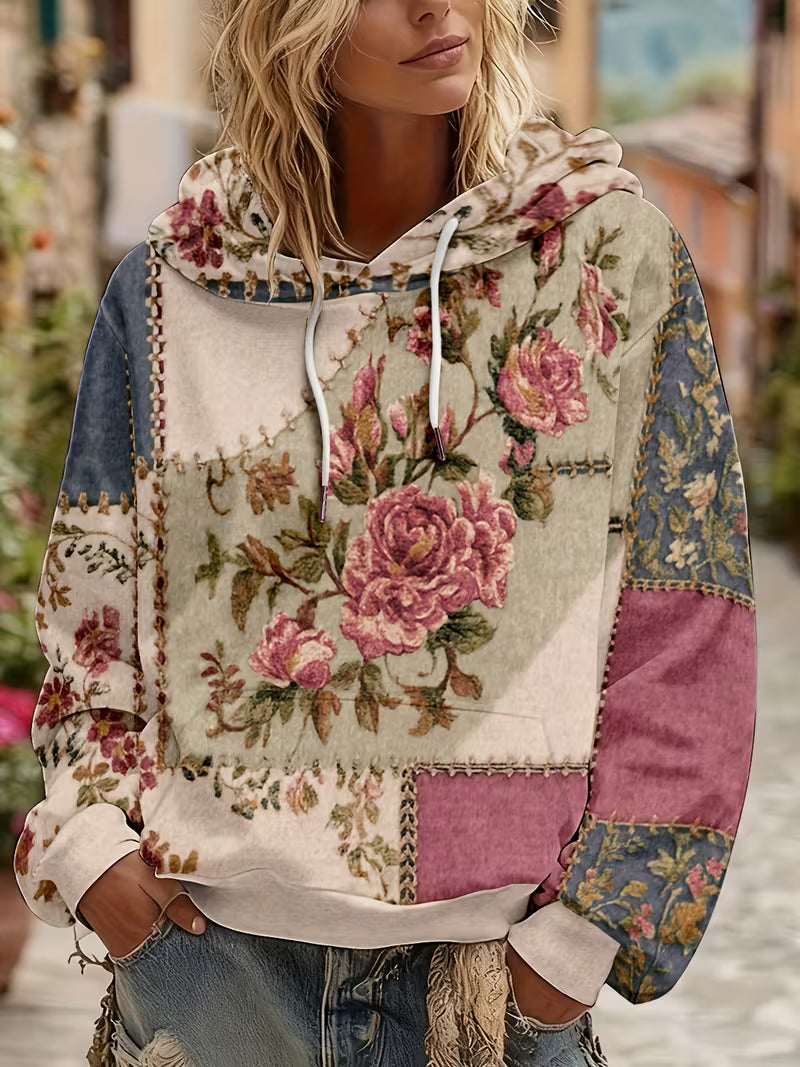 Norella - Floral Patchwork Long Sleeve Hooded Top