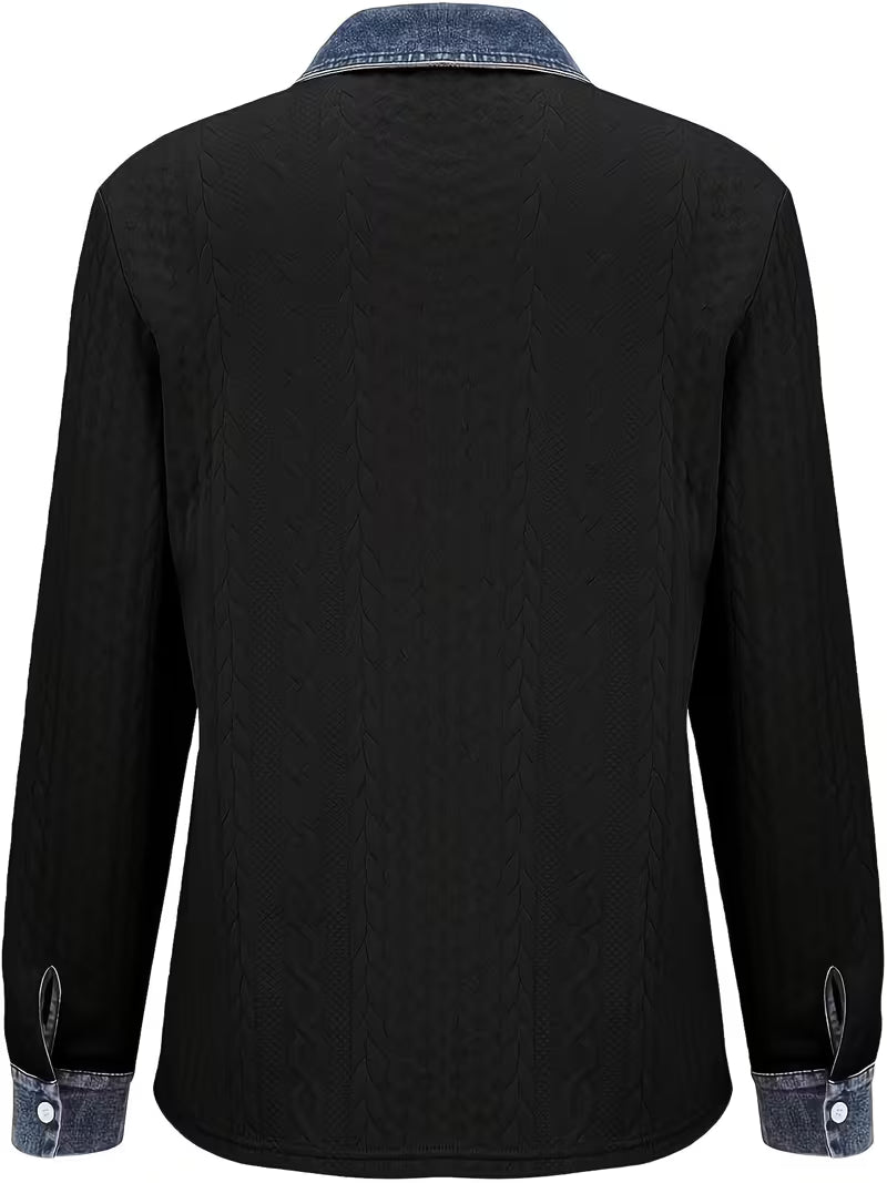 Eryna - Long Sleeve Cable Knit Shirt with Denim Collar