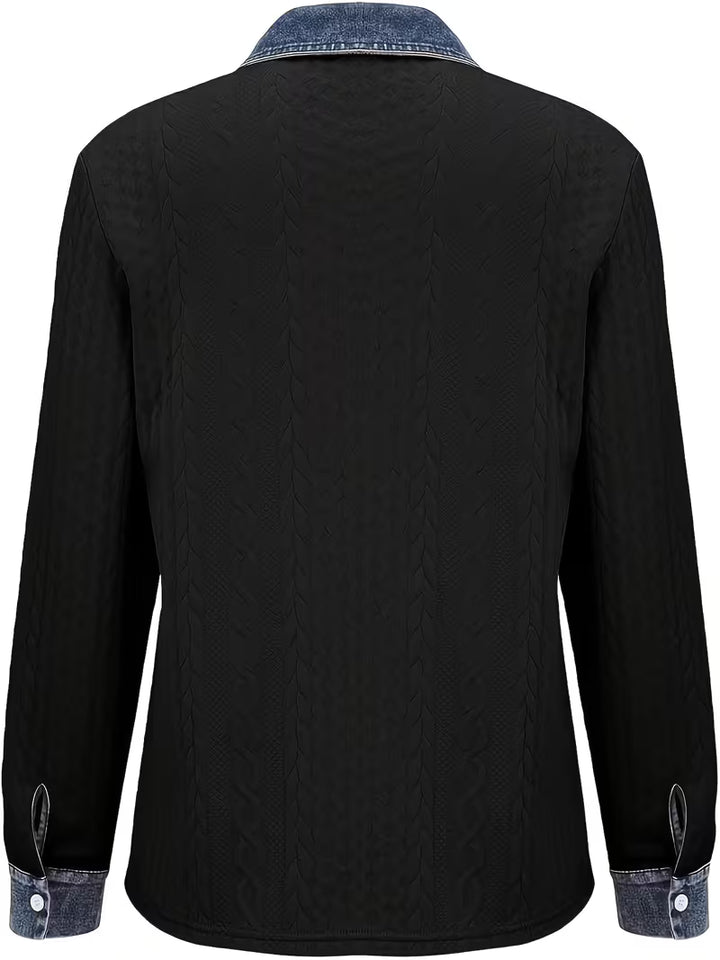Eryna - Long Sleeve Cable Knit Shirt with Denim Collar