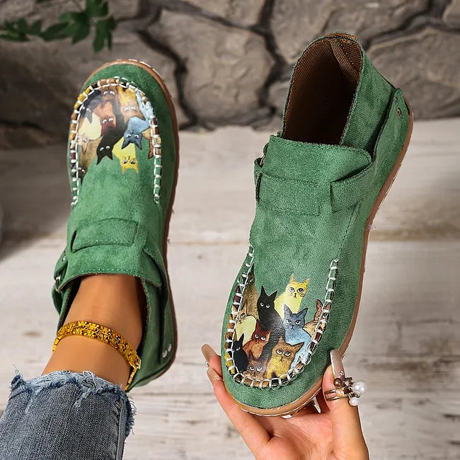 Viktoriy - Cat Print Flat Ankle Boots with Buckle
