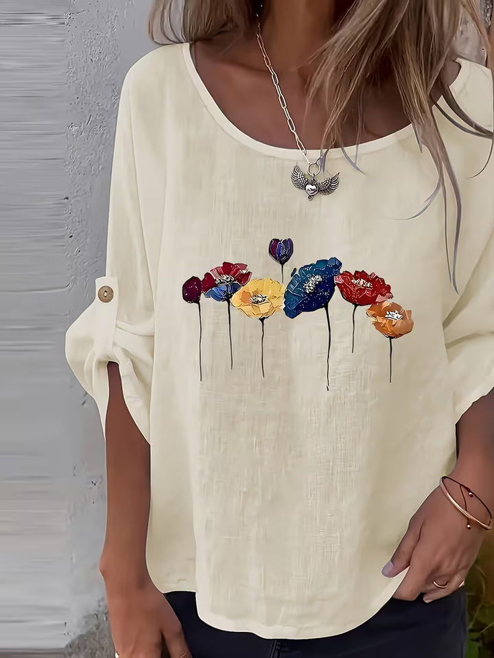Sheril - Floral Print Roll-Tab Sleeve Loose Top