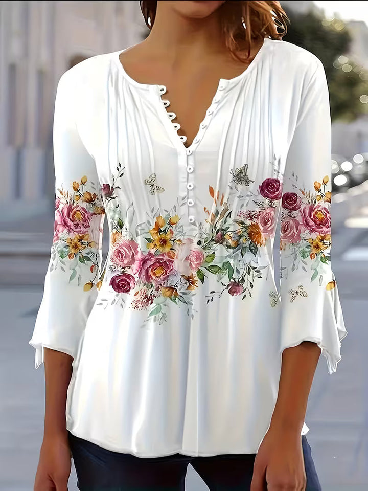 Judita - Floral Print Notched Neck Blouse