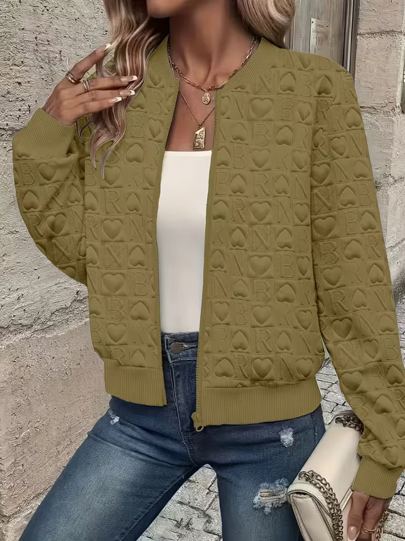 Lojina - Embossed Heart Pattern Zip-Up Jacket