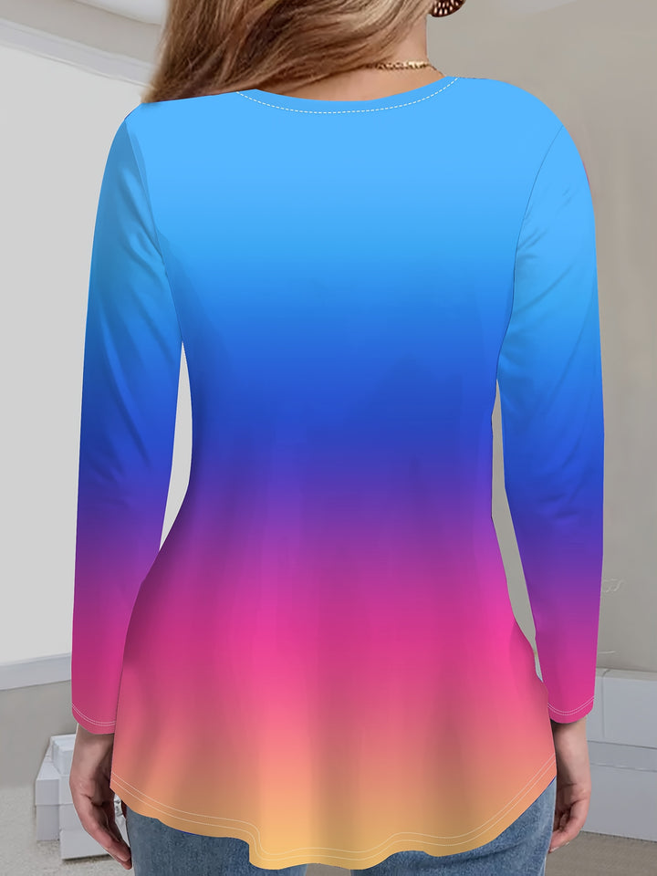 Samli  - V-Neck Gradient Color Pattern Long Sleeve T-Shirt