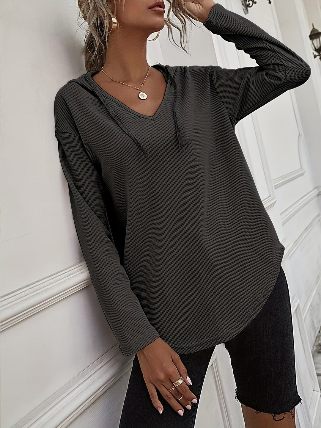 Seonie - Long Sleeve V Neck Hoodie