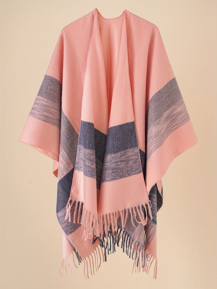 Kyrine - Geometric Pattern Fringed Poncho Shawl Wrap