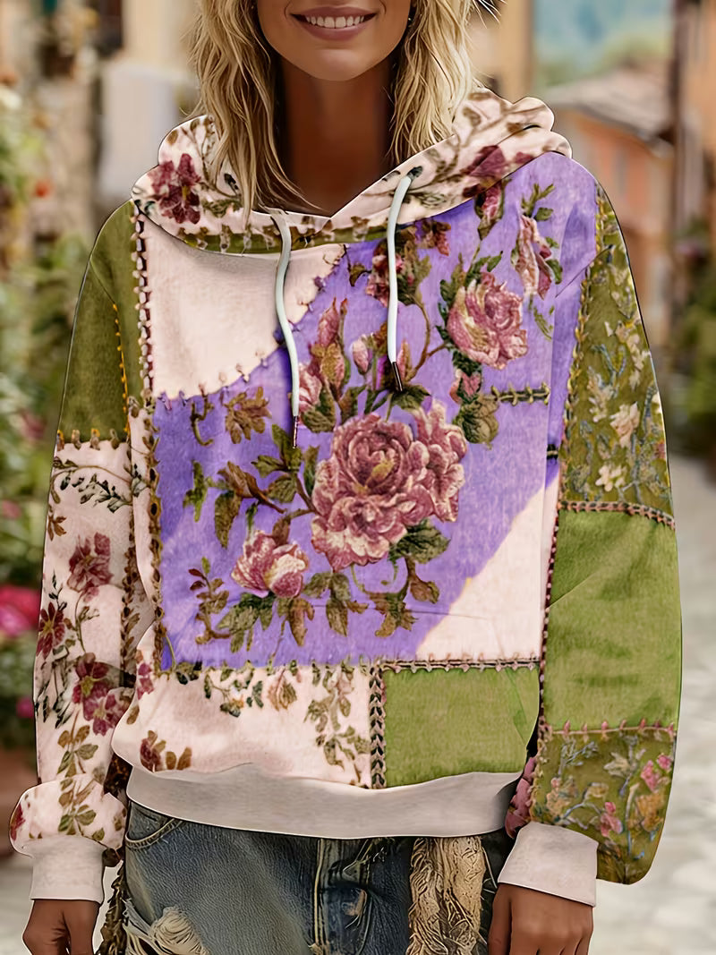 Norella - Floral Patchwork Long Sleeve Hooded Top