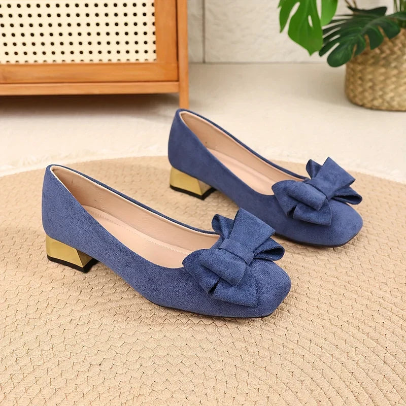 Silvie - Elegant Bow Low Block Heel Pumps