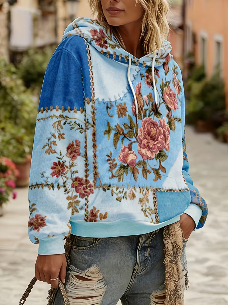 Norella - Floral Patchwork Long Sleeve Hooded Top