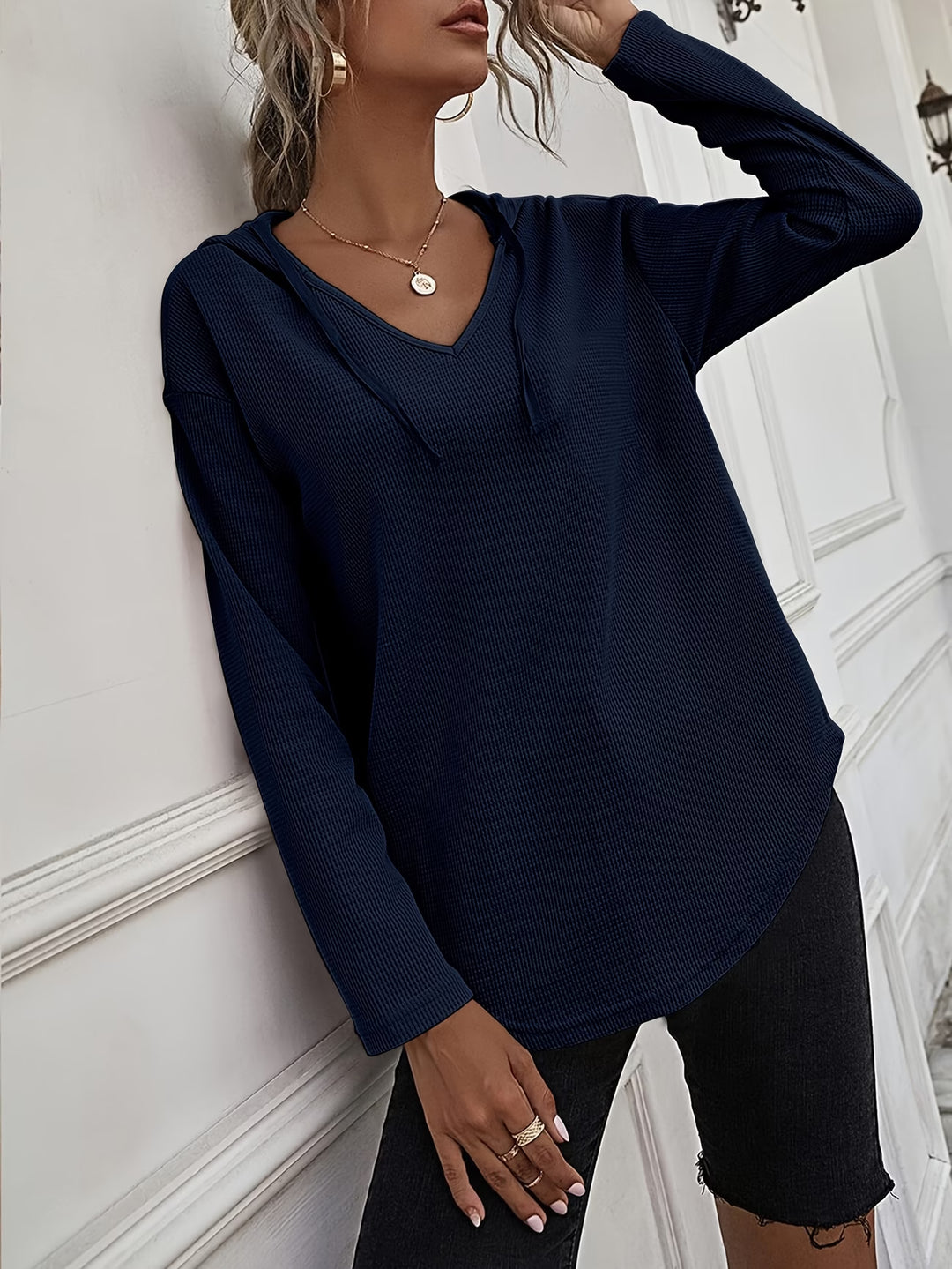 Seonie - Long Sleeve V Neck Hoodie