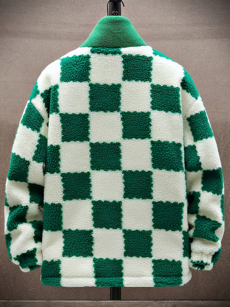 Melany - Hooded Zip Up Checkered Fleece Jacket