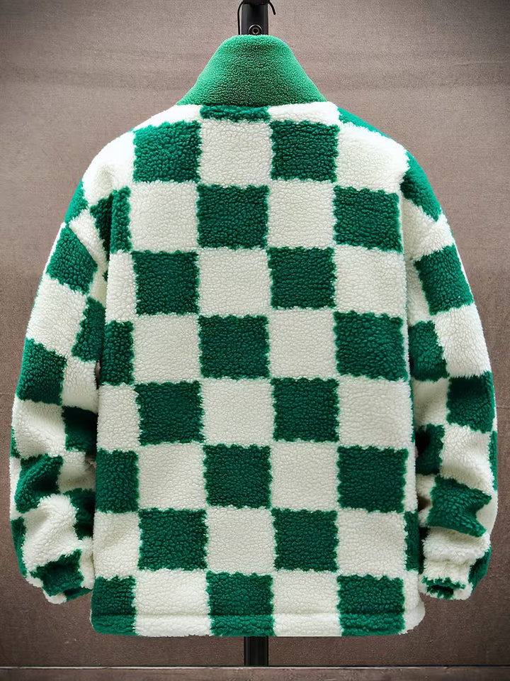 Melany - Hooded Zip Up Checkered Fleece Jacket