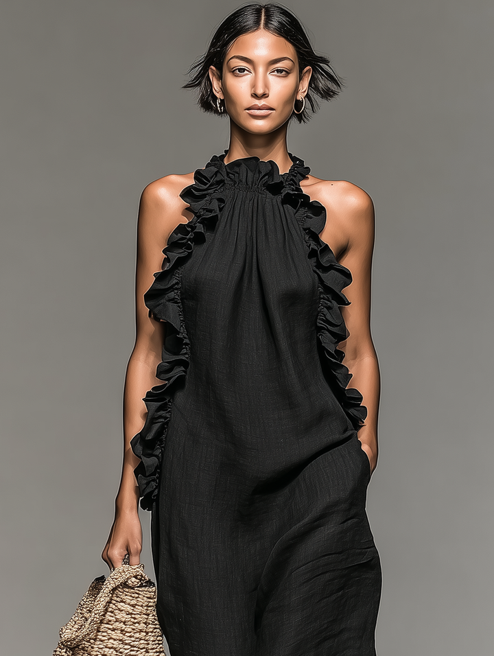 Fiora - Sleeveless Ruffle Halter Neck Long Dress With Pockets