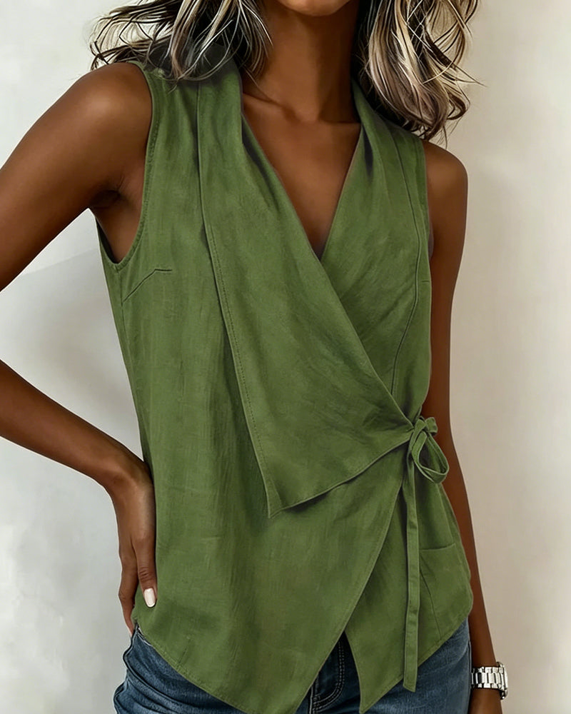 Anily - Plain Cotton-Linen Wrap Tank Top