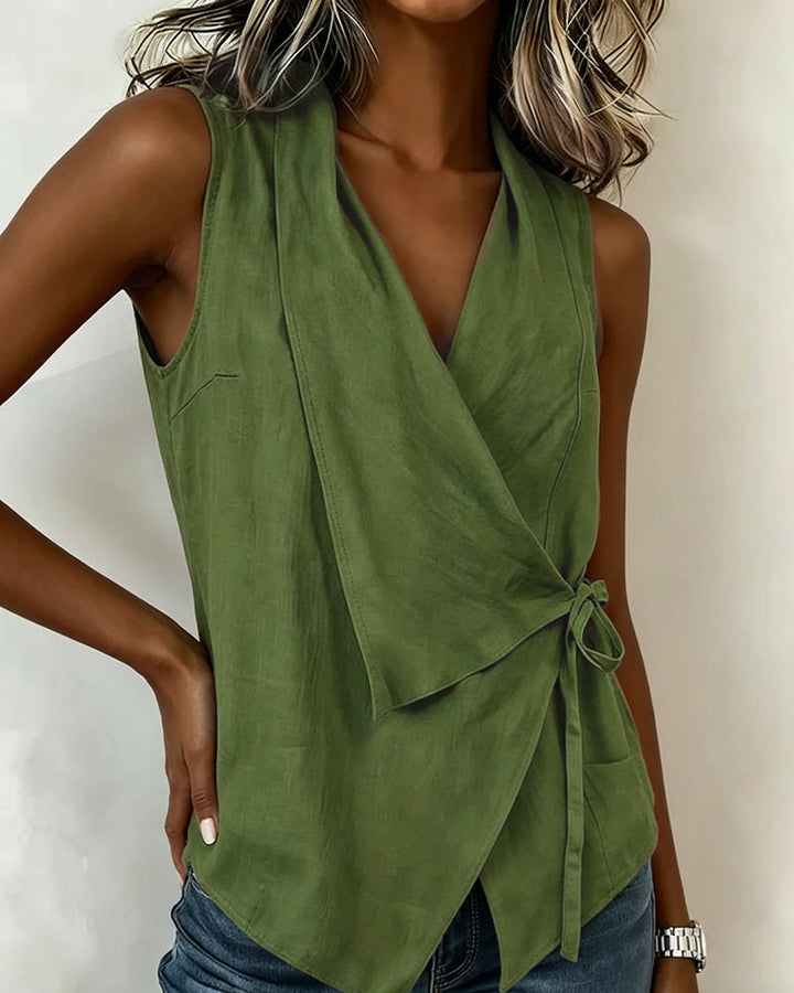 Anily - Plain Cotton-Linen Wrap Tank Top