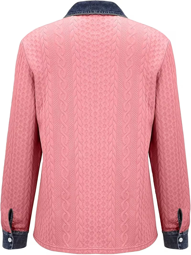 Eryna - Long Sleeve Cable Knit Shirt with Denim Collar