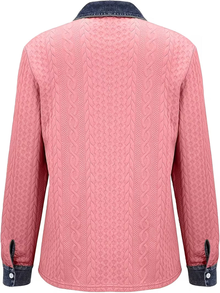 Eryna - Long Sleeve Cable Knit Shirt with Denim Collar