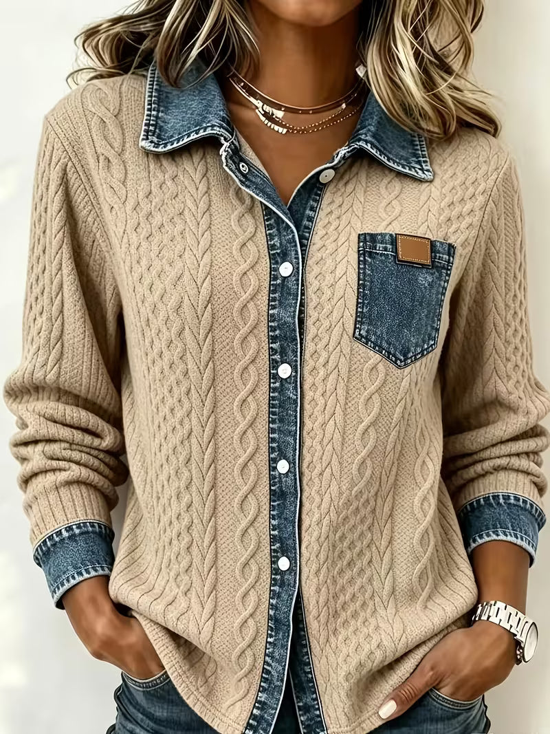 Eryna - Long Sleeve Cable Knit Shirt with Denim Collar