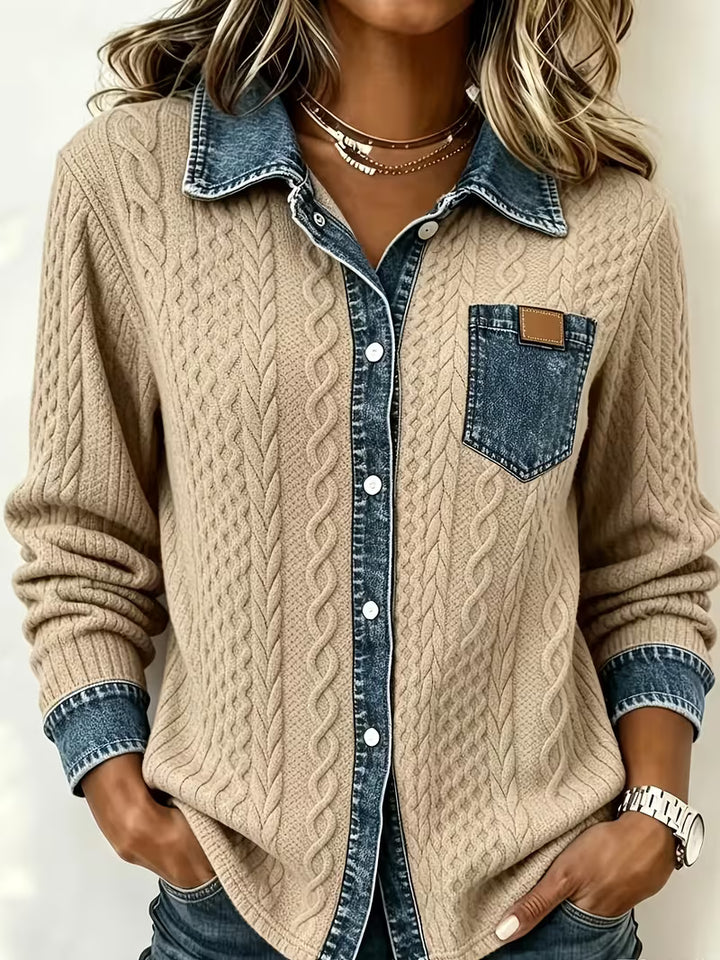 Eryna - Long Sleeve Cable Knit Shirt with Denim Collar