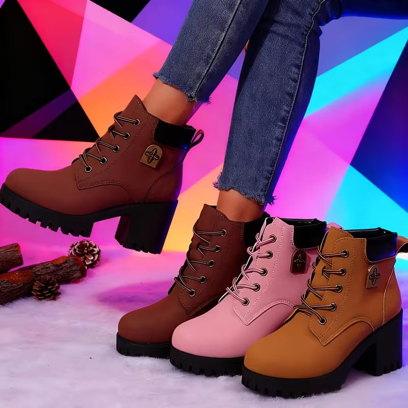 Donjeta - Lace-Up Chunky Heel Ankle Boots