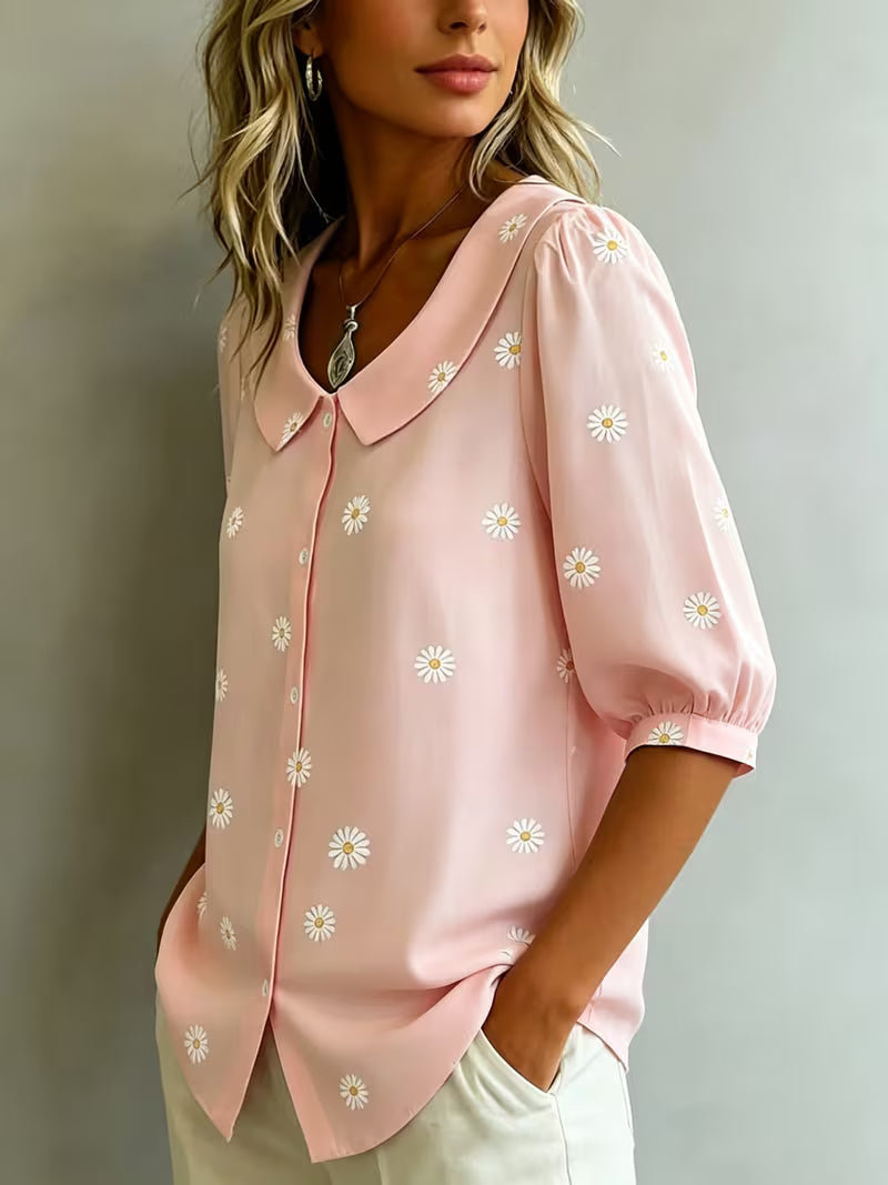 Alvique - Floral Print Collar Short Sleeve Blouse