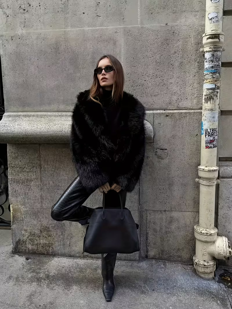 Jorida - Faux Fur Oversized Cropped Lapel Jacket